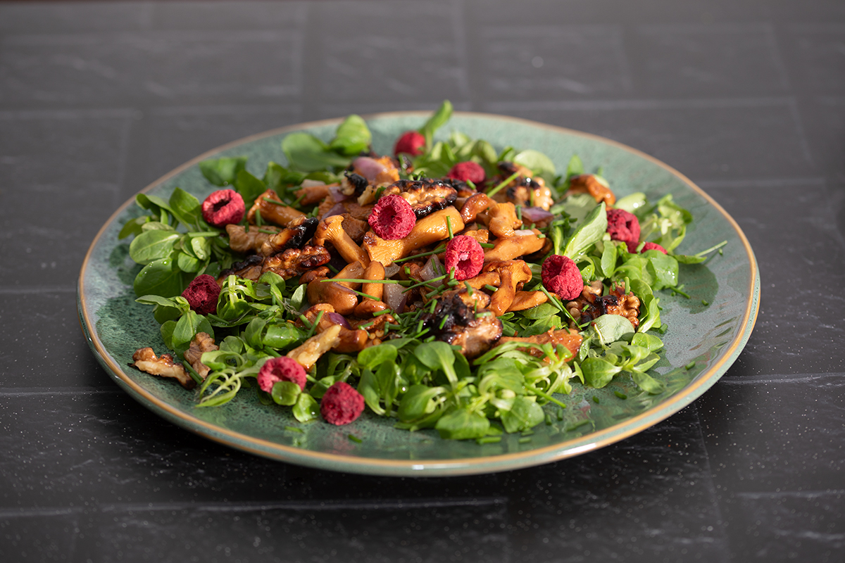Feldsalat mit Pfifferlingen, Walnüssen und Himbeeren