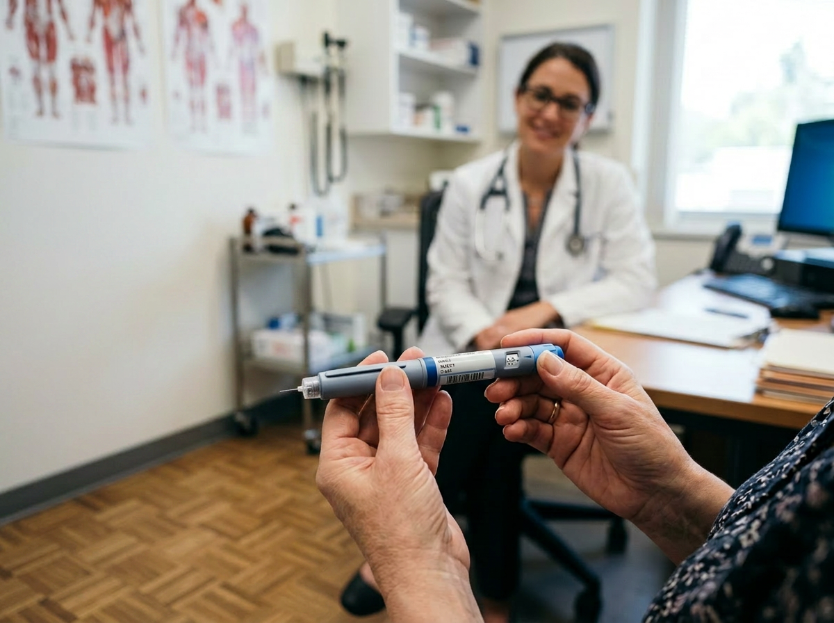 Situation im Behandlungszimmer einer Arztpraxis: 2 Frauenhände halten einen Pen in der Hand, freundliche Ärztin sitzt gegenüber.