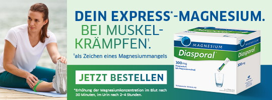 Magnesium-Diasporal® 300 mg, Granulat zur Herstellung einer Lösung zum Einnehmen (Wirkstoff: Magnesiumcitrat). Anwendungsgebiet: Behandlung und Vorbeugung eines Magnesiummangels. Enthält Sucrose (Zucker) und Natrium. Zu Risiken und Nebenwirkungen lesen Sie die Packungsbeilage und fragen Sie Ihre Ärztin, Ihren Arzt oder in Ihrer Apotheke. Protina Pharm. GmbH, D-85737 Ismaning.