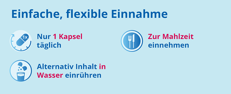Einfache, flexible Einnahme. Nur 1 Kapsel täglich. Zur Mahlzeit einnehmen. Alternativ Inhalt in Wasser einrühren.