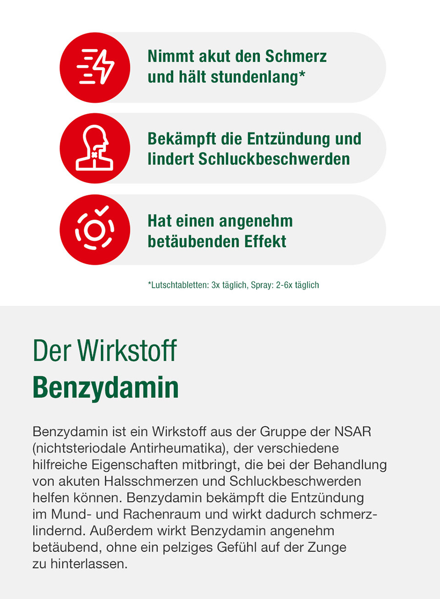 Bekämpft die Entzündung und lindert Schluckbeschwerden. Hat einen angenehm betäubenden Effekt.