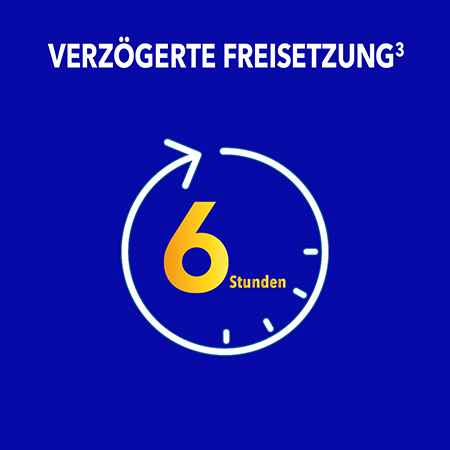 Verzögerte Freisetzung von Bion3 über 6 Stunden, dargestellt durch einen kreisförmigen Pfeil um eine stilisierte Uhr.