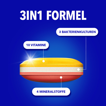 Bion3 Tablette mit 3in1 Formel: Enthält 10 Vitamine, 3 Bakterienkulturen und 4 Mineralstoffe für eine umfassende Unterstützung.