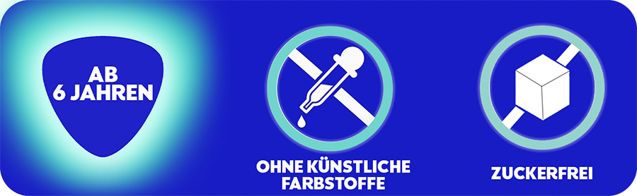 Es werden Minzblätter, Zitronenstückchen und eine Bienenwabe gezeigt. Der Text sagt: Wähle deine Geschmacksrichtung: Menthol, Zitrone oder Honig.