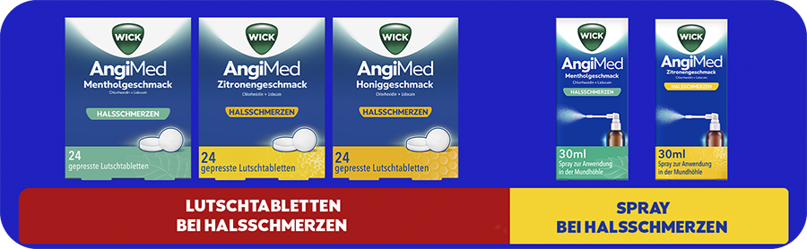 Gezeigt wird die komplette Produktreihe von WICK bei Halsschmerzen: Lutschtabletten mit den Geschmacksrichtungen Menthol, Zitrone oder Honig sowie die zwei Sprays zur Anwendung in der Mundhöhle bei Halsschmerzen mit den Geschmacksrichtungen Menthol oder Zitrone.