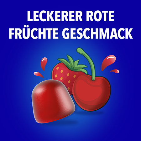 Bion3 Produkt mit leckerem roten Früchtegeschmack, dargestellt durch Erdbeere und Kirsche.