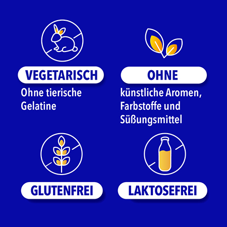 vegetarisch, glutenfrei, laktosefrei, ohne künstliche Aromen, Farbstoffe und Süßungsmittel