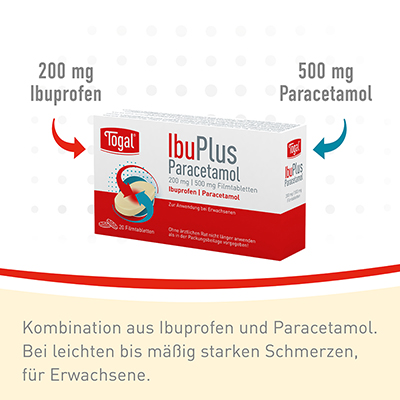 Kombination aus Ibuprofen und Paracetamol. Bei leichten bis mäßig starken Schmerzen, für Erwachsene