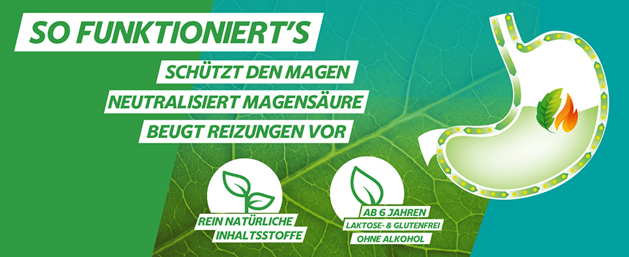 So funktionierts: Schützt den Magen, Neutralisiert Magensäure, Beugt Reizungen vor.