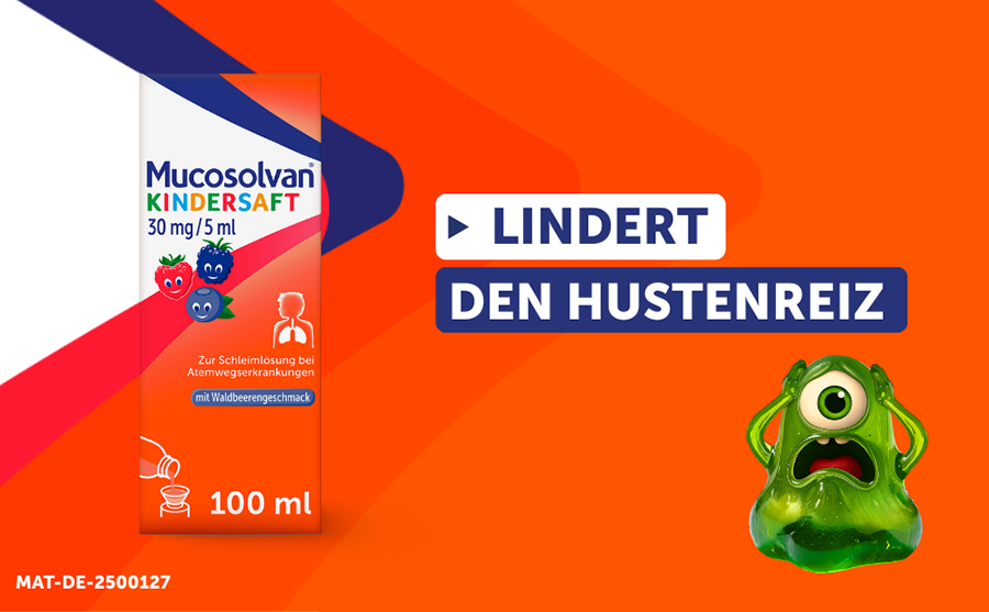 Mucosolvan Kindersaft. Lindert den Hustenreiz.
