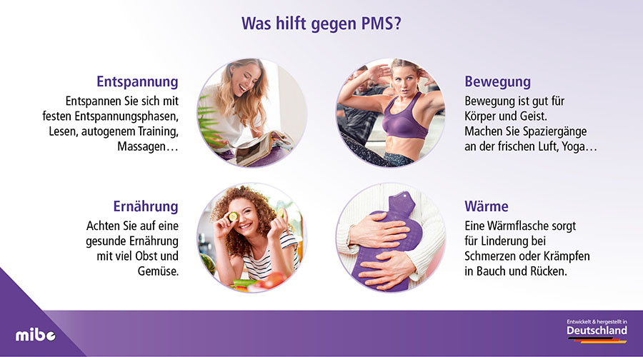 Bei PMS helfen Entspannung, Bewegung, gesunde Ernährung und Wärmflaschen.