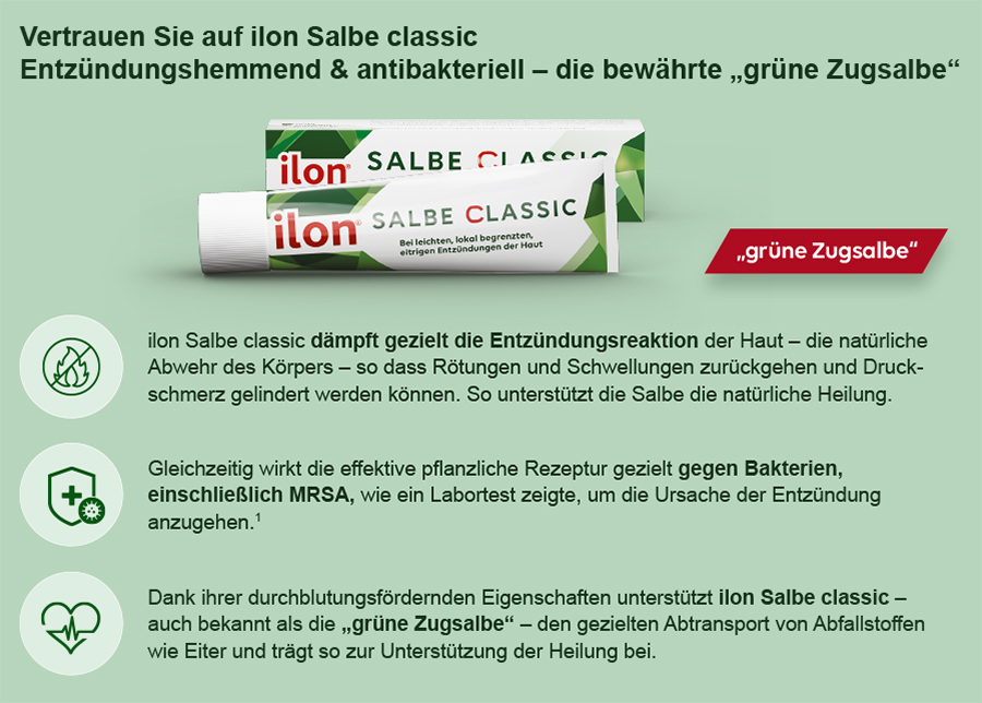 Vertrauen Sie auf ilon Salbe classic. Entzündungshemmend & antibakteriell - die bewährte "grüne Zugsalbe"