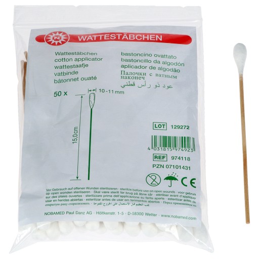 WATTESTÄBCHEN Holz 15 cm 10-11 mm mit Wattekopf - 50Stk