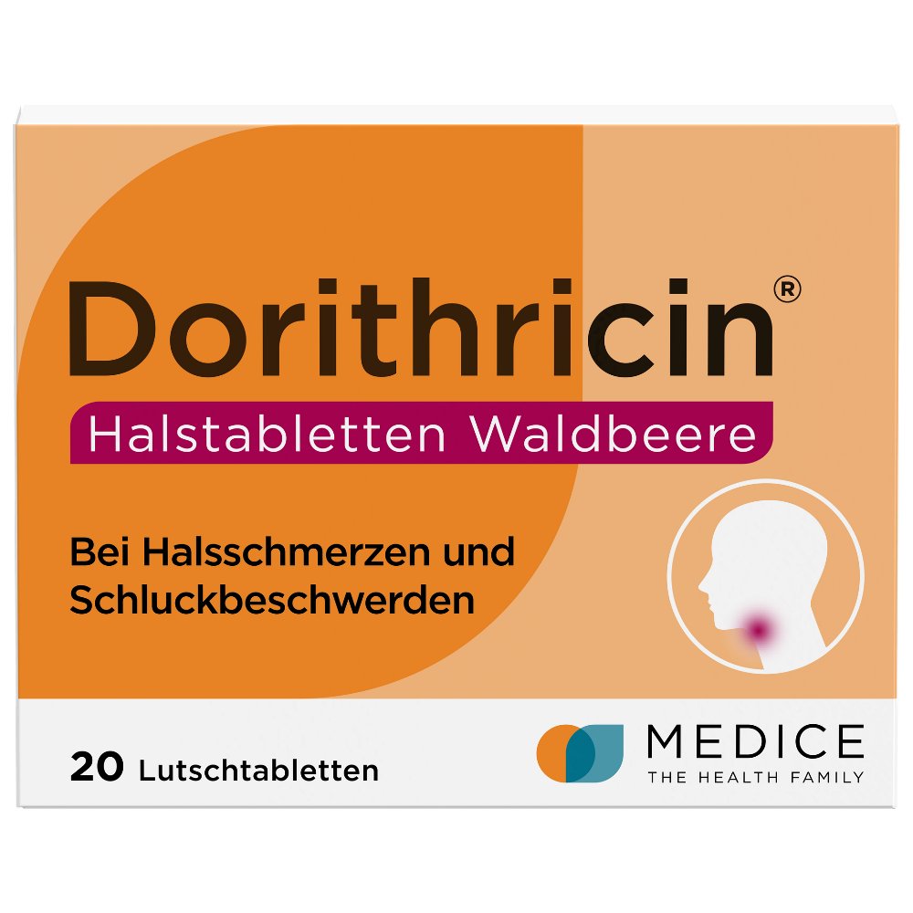 Weiße Faltschachtel mit der Aufschrift „Dorithricin Waldbeere 20 Stk.“. Schlichtes Design mit orangenen Farbelementen auf weißem Hintergrund.