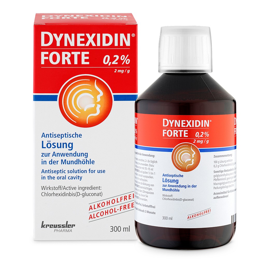 DYNEXIDIN FORTE 0,2 % Chlorhexidin Mundspülung alkoholfrei – Packung und Flasche