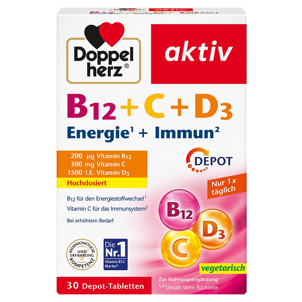 DOPPELHERZ B12+C+D3 Depot aktiv Tabletten - 30Stk - Gedächtnis, Nerven & Beruhigung