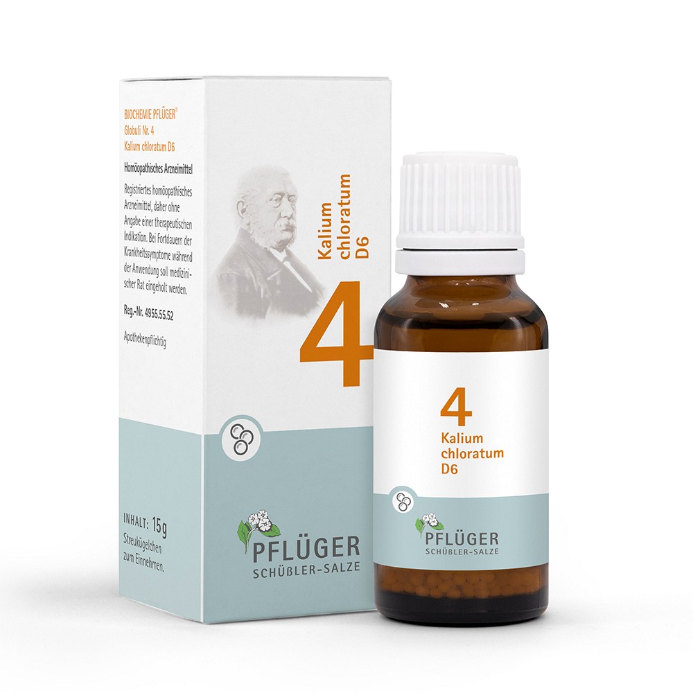 BIOCHEMIE Pflüger 4 Kalium chloratum D 6 Globuli - 15g - Biochemie Pflüger