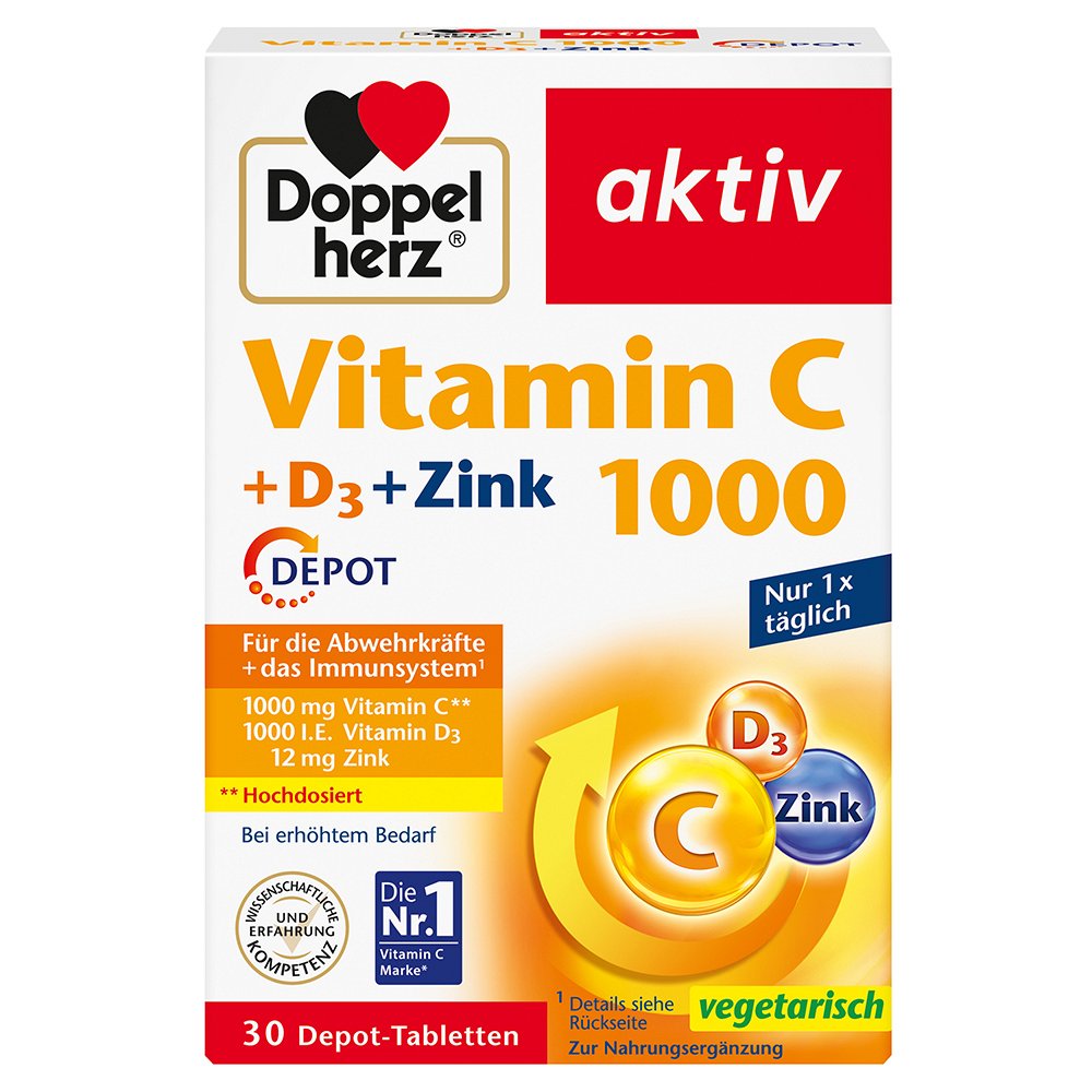 DOPPELHERZ Vitamin C 1000+D3+Zink Depot Tabletten - 30Stk - Immunsystem & Zellschutz