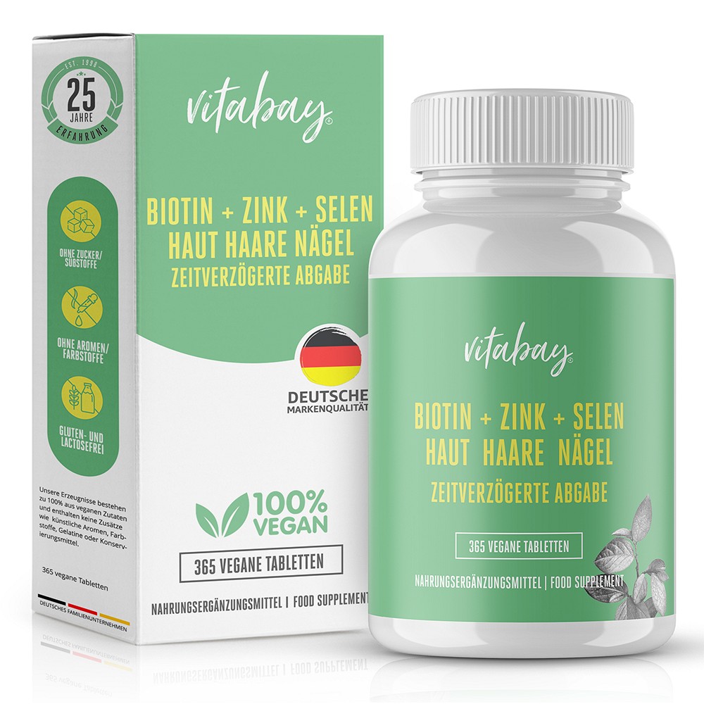 BIOTIN+ZINK+Selen Haut+Haare+Nägel vegan Tabletten - 365Stk - Vegan
