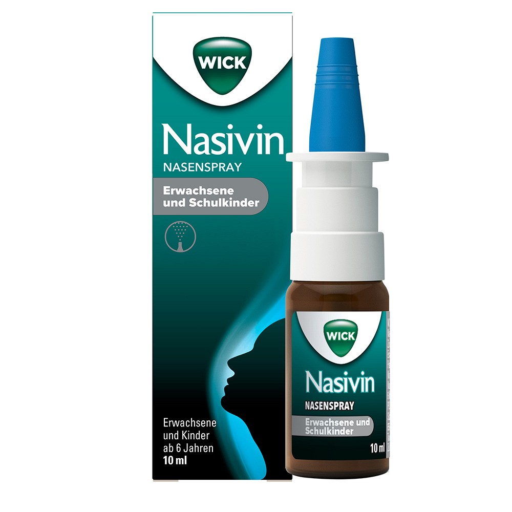 Frontansicht der Verpackung und braunen Glas-Sprühflasche von WICK Nasivin Nasenspray für Erwachsene und Schulkinder. 