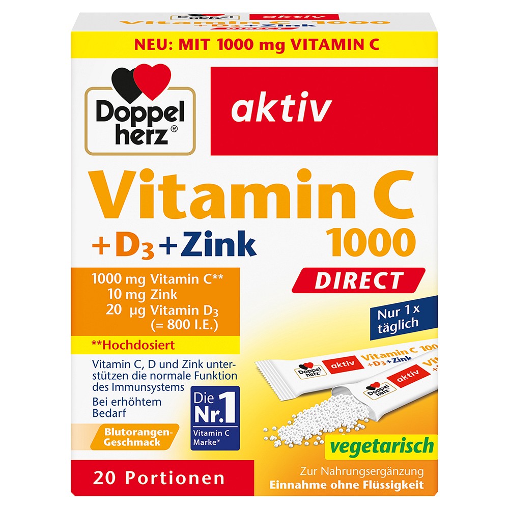 DOPPELHERZ Vitamin C 1000+D3+Zink DIRECT Pellets - 20Stk - Immunsystem & Zellschutz