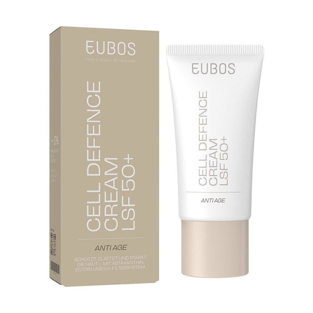Grünliche Flasche mit orangem Deckel, Aufdruck „EUBOS Cell Defence Cream LSF50+“