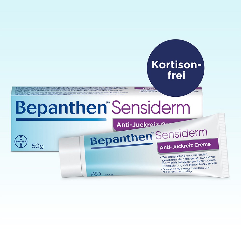 Bepanthen® Sensiderm Anti-Juckreiz Creme zur Stabilisierung der Hautschutzbarriere.