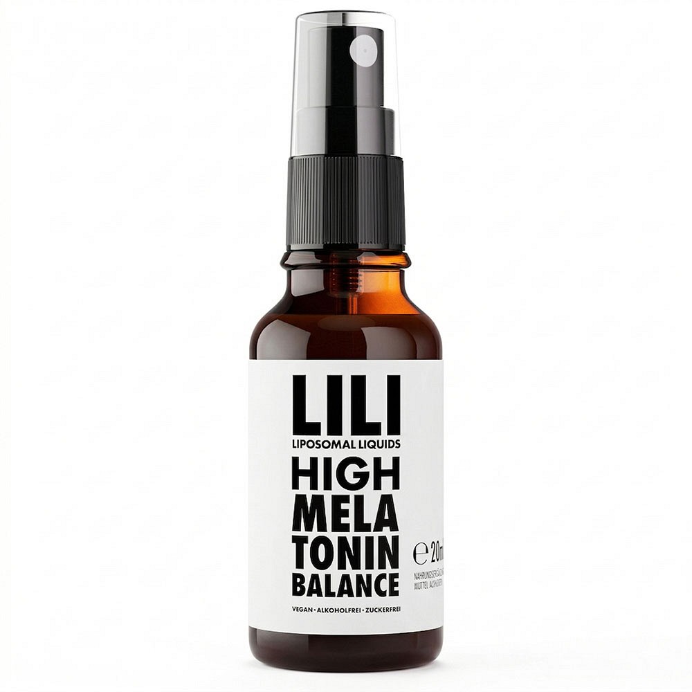 Braune Sprühflasche mit schwarzem Sprühkopf. Aufschrift: „LILI High Melatonin Balance“ mit 20 ml Inhalt.