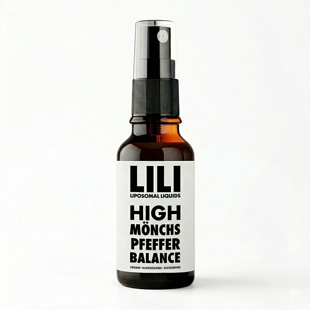 Braune Sprühflasche mit schwarzem Sprühkopf und weißem Etikett. LILI High Mönchspfeffer Balance, 30 ml.
