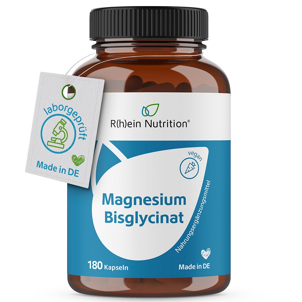 Braune Dose mit schwarzem Schraubverschluss. Weiß-blaues Etikett mit Aufschrift: „R(h)ein Nutrition Magnesium Bisglycinat