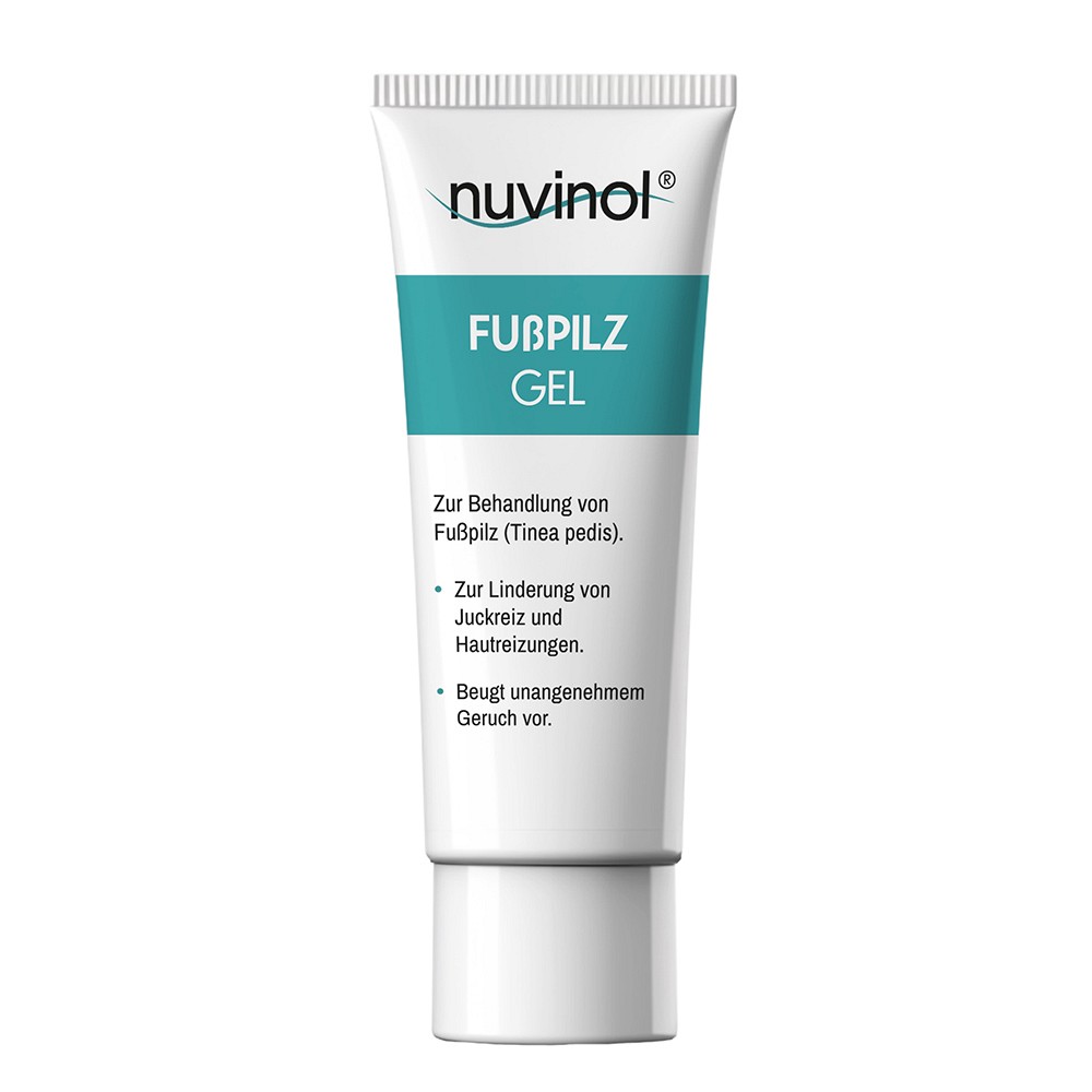 Weiße Tube mit weißem Verschluss. Vorn befindet sich das Markenlogo und Name „nuvinol Fußpilz Gel\