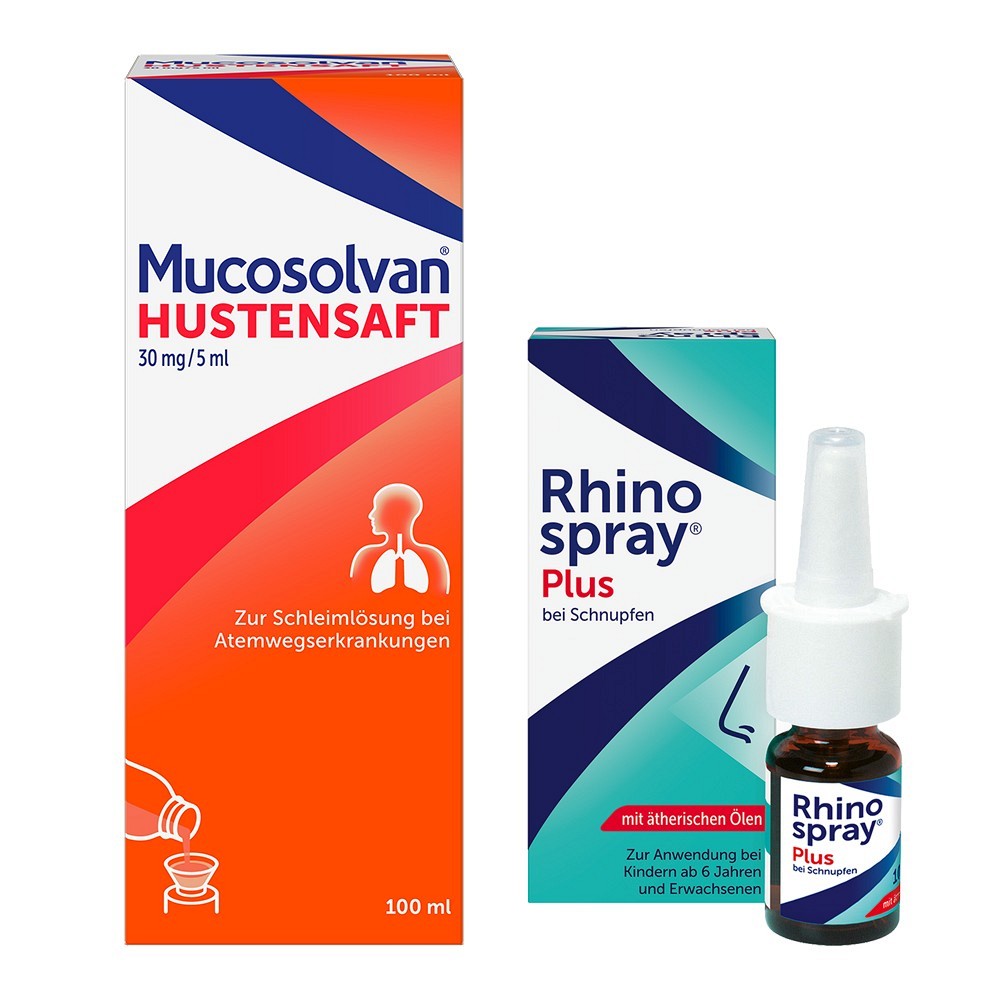 Produktabbildung mit einer Packung Mucosolvan Hustensaft mit 100 ml sowie einer Rhinospray Plus Verkaufseinheit aus Verpackung und Nasensprayflasche.