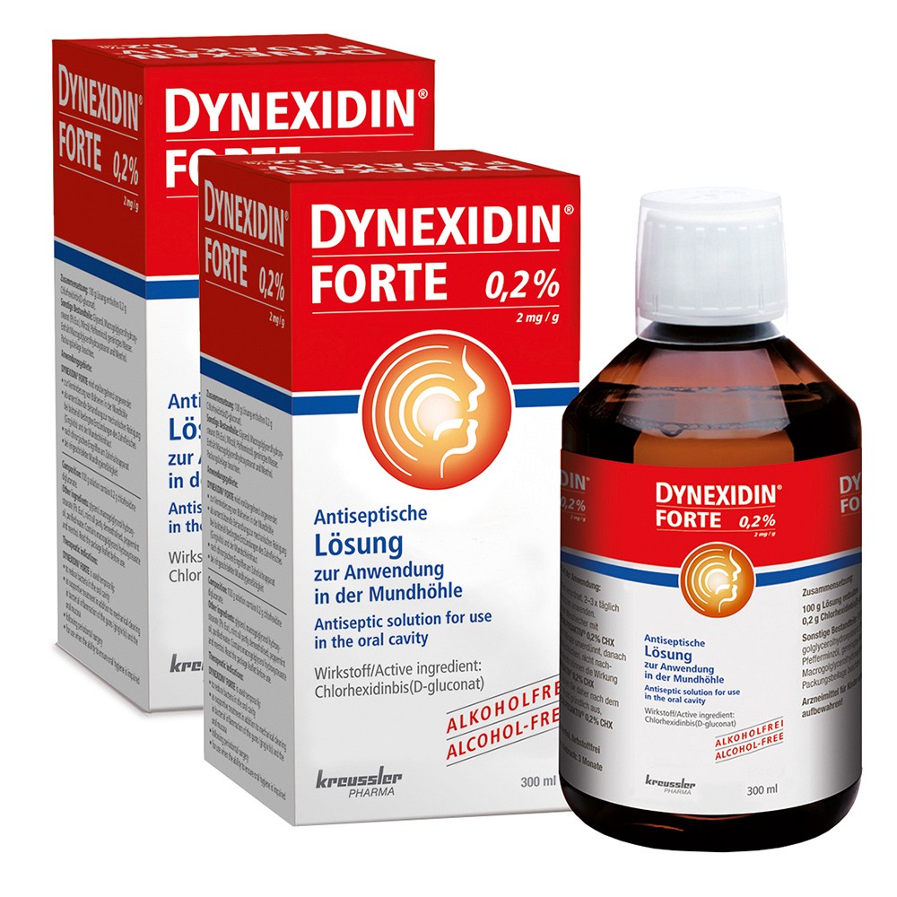 DYNEXIDIN FORTE 0,2 % Chlorhexidin Mundspülung alkoholfrei – Packung und Flasche