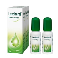 Zwei Flaschen Laxoberal Abführ-Tropfen (50 ml) in einer Verpackung mit Tropfensymbol.