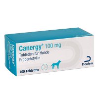 Schachtel mit 100 Tabletten in Blistern: Wirkstoff: Propentofyllin. Zur Verbesserung der Gefäßdurchblutung von Hunden.