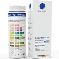 Urin-Teststreifen mit mehreren Testfeldern zur Analyse verschiedener Werte wie pH, Glukose, Keton und Leukozyten.