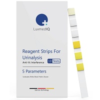 Urin-Teststreifen zur gleichzeitigen Bestimmung mehrerer Parameter wie Glukose, Eiweiß, Nitrit und Leukozyten.
