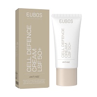 Grünliche Flasche mit orangem Deckel, Aufdruck „EUBOS Cell Defence Cream LSF50+“
