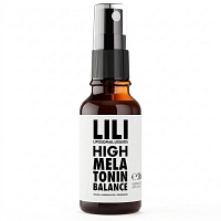 Braune Sprühflasche mit schwarzem Sprühkopf. Aufschrift: „LILI High Melatonin Balance“ mit 20 ml Inhalt.