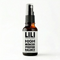 Braune Sprühflasche mit schwarzem Sprühkopf und weißem Etikett. LILI High Mönchspfeffer Balance, 30 ml.
