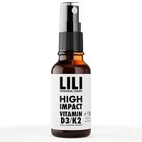 Braune Sprühflasche mit schwarzem Sprühkopf und weißem Etikett. Aufschrift: „LILI High Impact Vitamin D3/K2“ mit 20 ml Inhalt