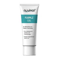 Weiße Tube mit weißem Verschluss. Vorn befindet sich das Markenlogo und Name „nuvinol Fußpilz Gel\